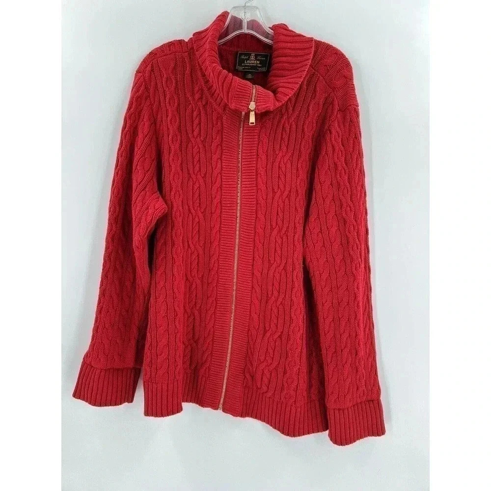 Lauren Ralph Lauren Black Label Red Cable-Knit Full-Zip Red Sweater 3Xlarge Plus